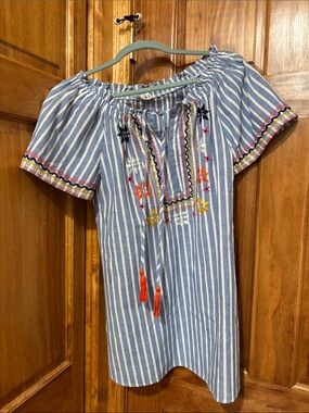 THML Blue and White Striped Embroidered Swim Coverup